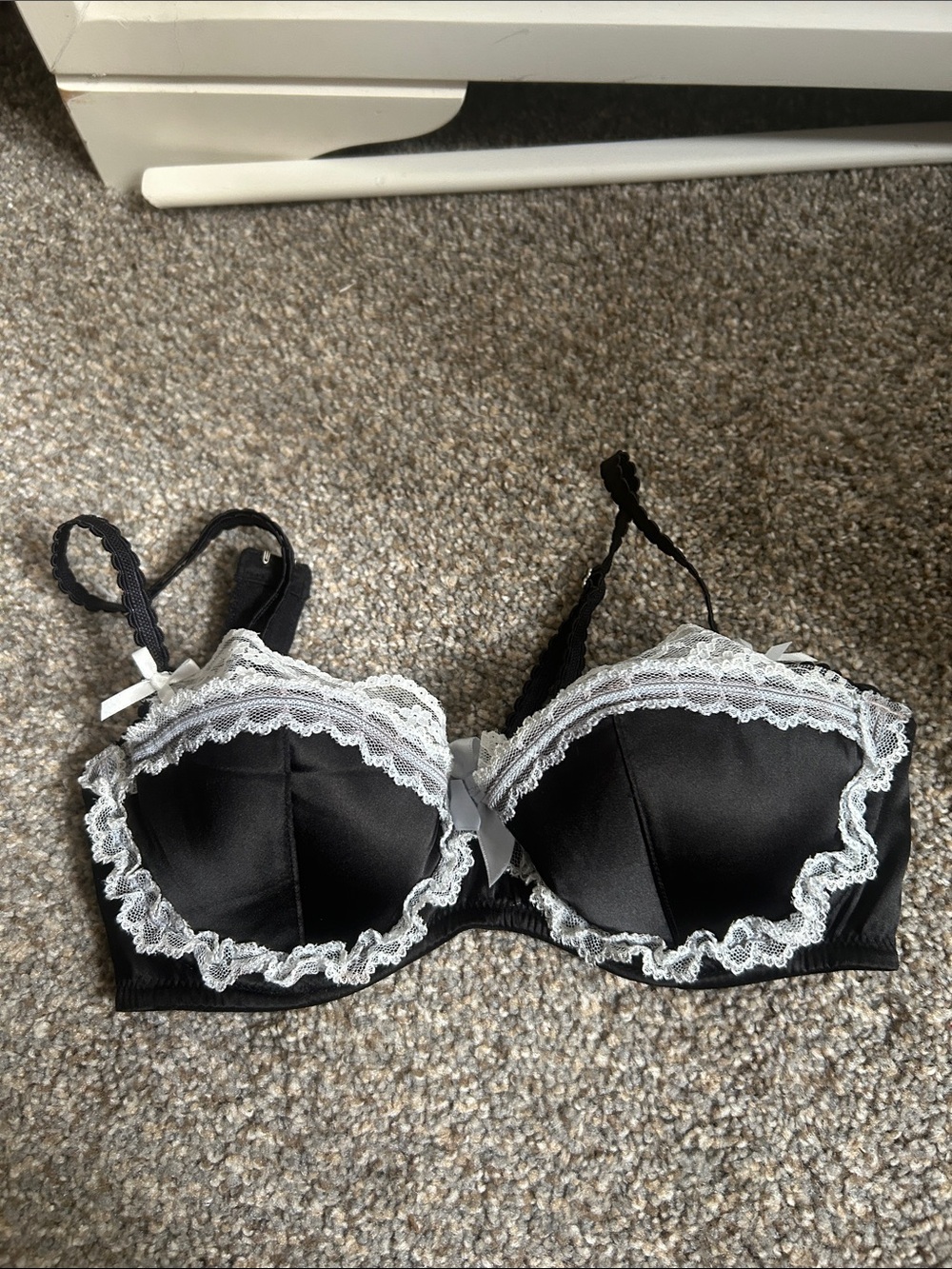 Victoria's Secret Black Satin Bra with White Lace Trim